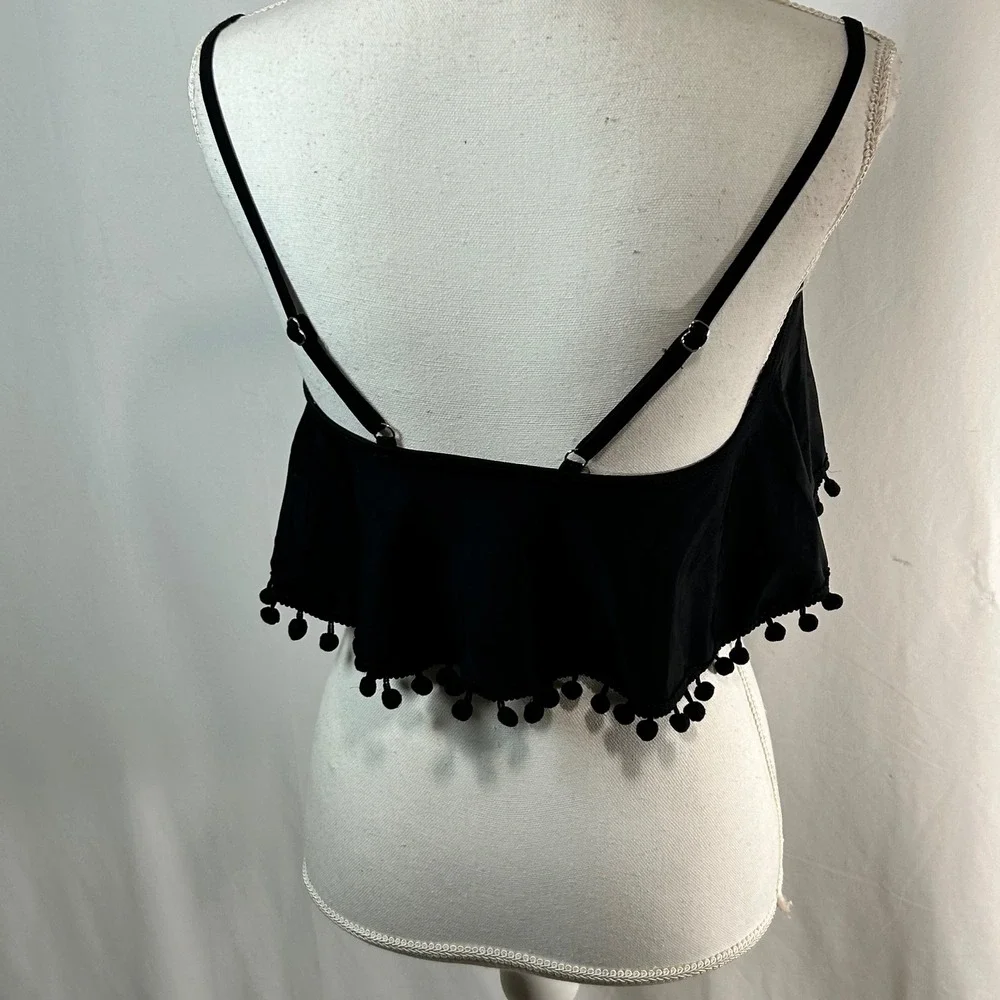 Firepearl Black Pom Pom Ruffle Crop‎ Top Bikini Swim Top Beach Resort Small